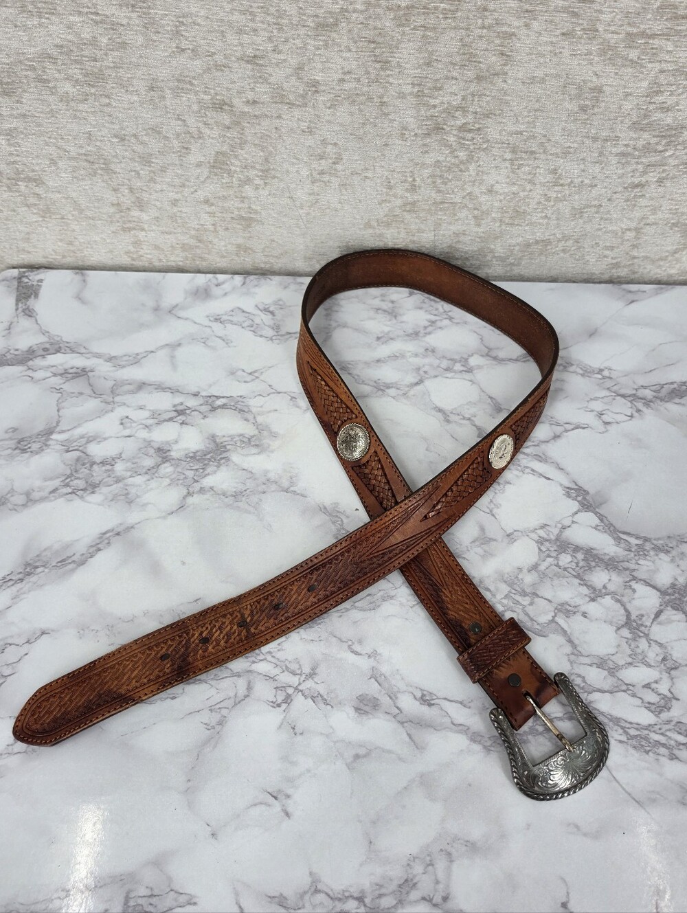 Tony Lama Leather Western Belt Braided Woven Top Hand Conchos